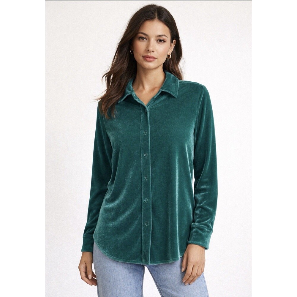 Soft Surroundings Velvet Boyfriend Tunic Shirt PS Teal Atlantic Romantic Holiday
